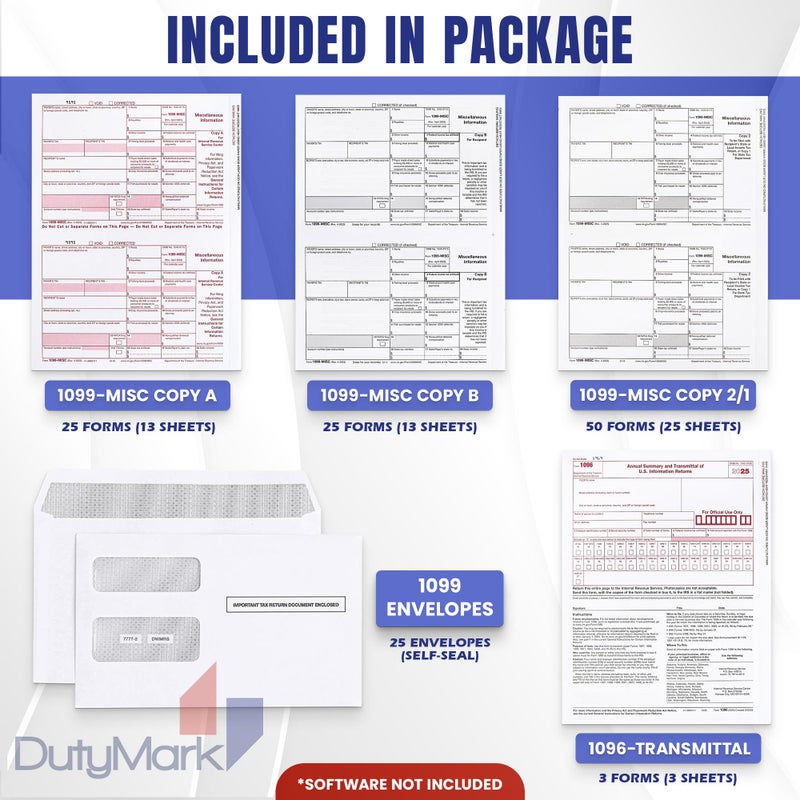 Dutymark DuryMark 1099 Misc Tax Forms 2025 with Envelopes, 25 Vendor Kit for 4 Part Tax Forms, Compatible with QuickBooks and Accountings Software, 25 Self Seal Envelopes, Made in USA - Image 2